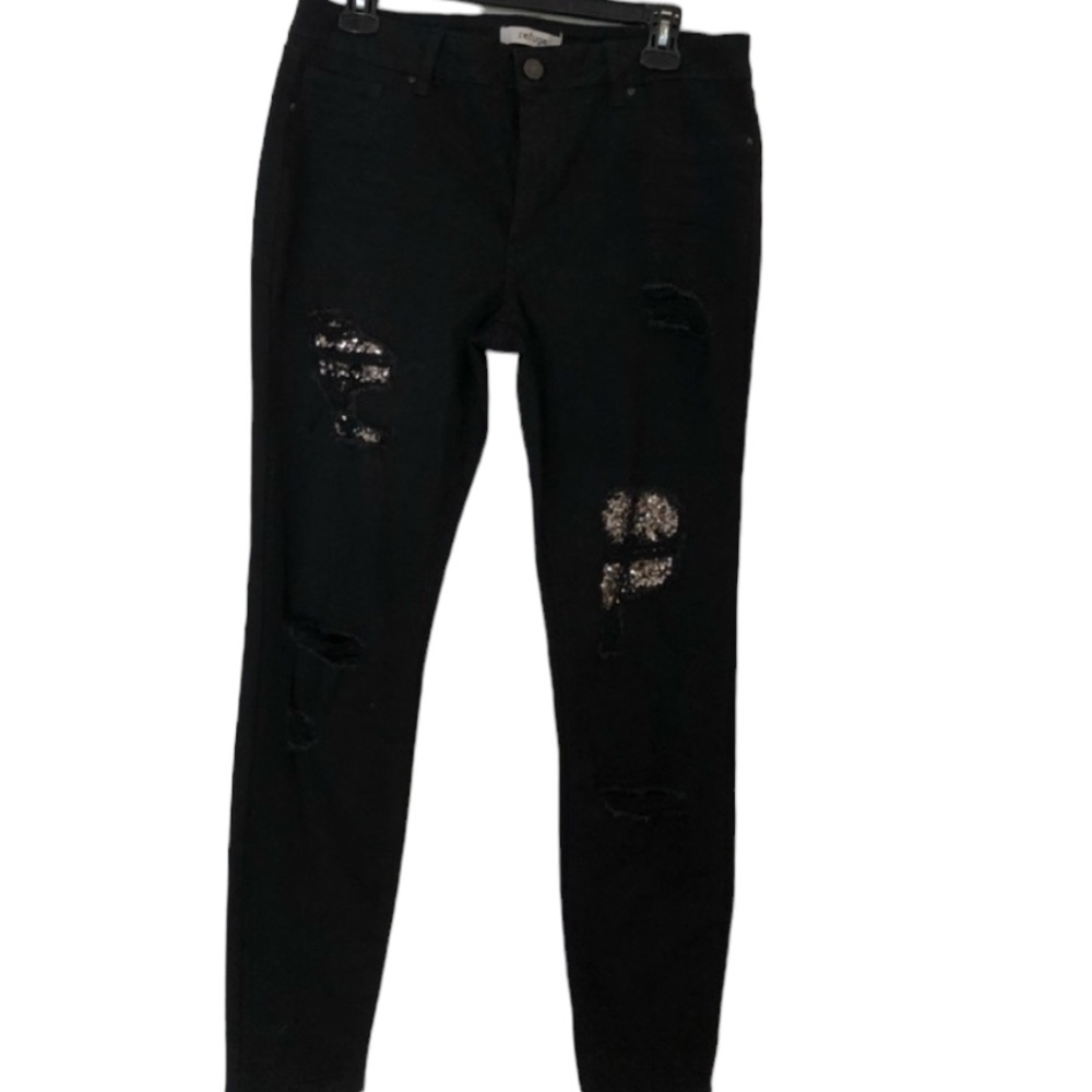 Refuge size 10-12 Black distressed jeans with sequin detail stretch sized a 13